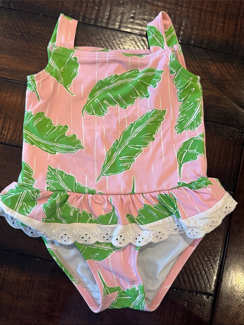 TBBC Grace Bay One Piece Pink Green Banana Leaf Ruffle Swimsuit 2T